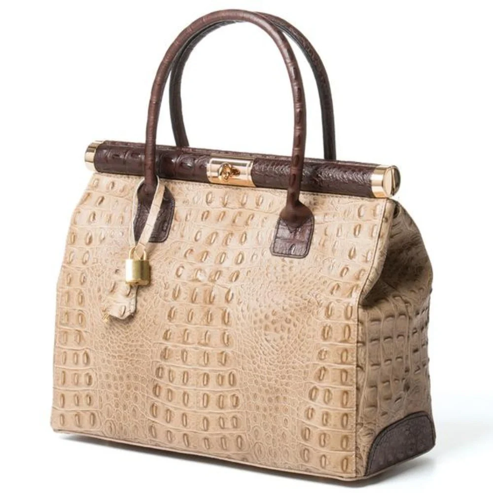 Croc Embossed Italian Leather Satchel in Taupe
